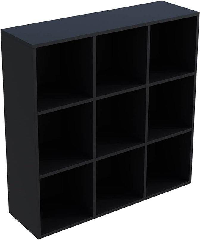 9-Cube Storage Shelf Bookcase - Wooden 3-Tier Free Standing Open Bookshelf for Home and Office, Organizer Cabinet in Black - LeafyLoom