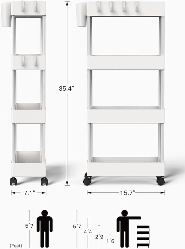 Pipishell Slim Storage Cart with Wheels, 4 Tier Bathroom Storage Organizer Rolling Utility Cart for Bathroom Kitchen Laundry Room Office Narrow Place (White) - LeafyLoom