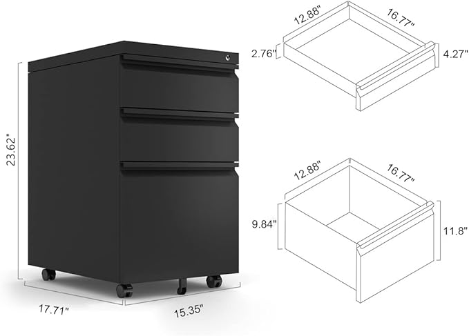 3-Drawer Mobile Lock and 5 Casters,Pre-Assembled Metal Office Storage Filing Cabinets w/ 1 Removable Hanging Rods,for Legal/Letter Size,Black - LeafyLoom