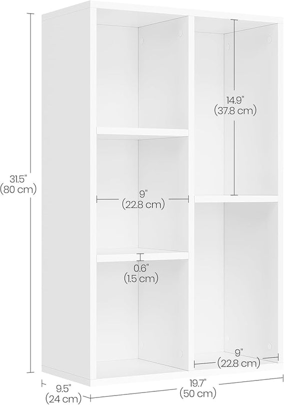VASAGLE Bookcase, Bookshelf with 5 Compartments, Freestanding Shelves and Cube Organizer, Display Shelf for Small Spaces, for Living Room, Bedroom, and Home Office, White ULBC25WT - LeafyLoom