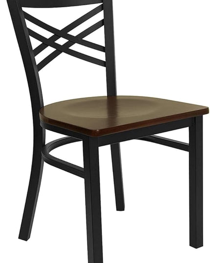 Flash Furniture HERCULES Series Black ''X'' Back Metal Restaurant Chair - Mahogany Wood Seat - LeafyLoom