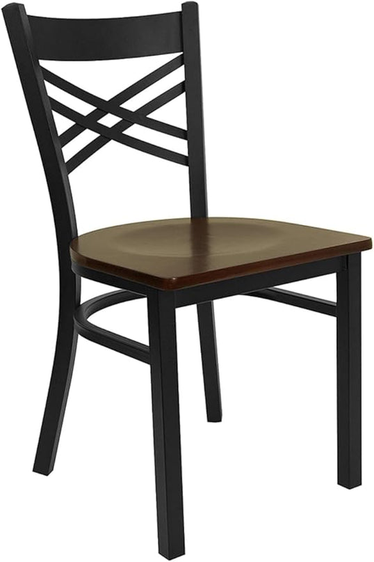 Flash Furniture HERCULES Series Black ''X'' Back Metal Restaurant Chair - Mahogany Wood Seat - LeafyLoom