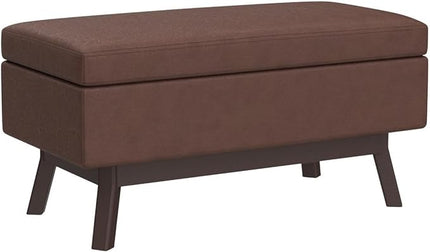 SIMPLIHOME Owen 36 Inch Wide Mid Century Modern Rectangular Coffee Table Lift Top Storage Ottoman in Upholstered Distressed Saddle Brown Faux Leather, For the Living Room - LeafyLoom