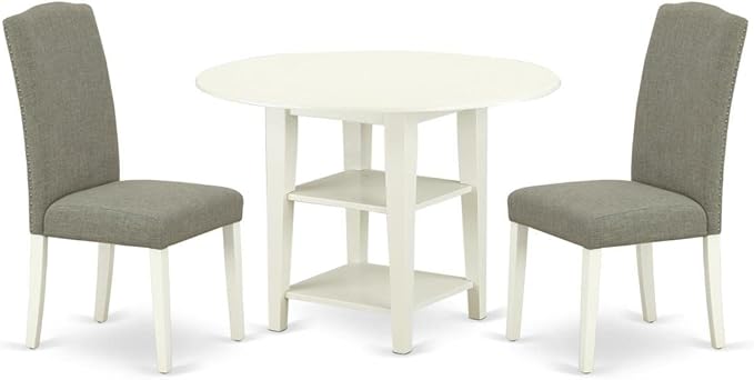 East West Furniture SUEN3-LWH-06 3 Piece Kitchen Table Set Contains a Round Dining Table with Dropleaf & Shelves and 2 Dark Shitake Linen Fabric Parson Chairs, 42x42 Inch, Linen White - LeafyLoom