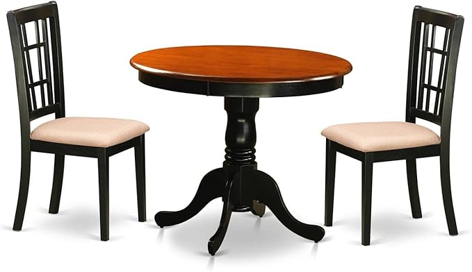 East West Furniture ANNI3-BLK-C 3 Piece Dining Set for Small Spaces Contains a Round Kitchen Table with Pedestal and 2 Linen Fabric Upholstered Chairs, 36x36 Inch, Black & Cherry - LeafyLoom