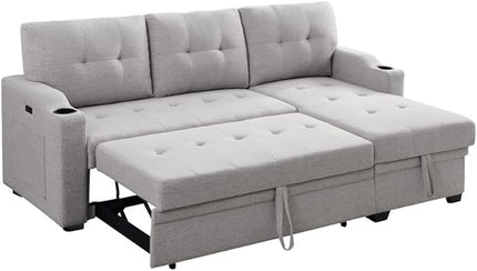83 Inch Convertible L Shaped Sleeper Sectional Sofa Linen with Storage Chaise, Pull Out Bed, Cup Holder, USB Charging Port, Side Pocket, Reversible Corner Couch Design, 83inch, Light Grey - LeafyLoom