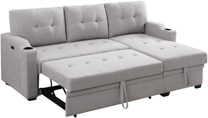 83 Inch Convertible L Shaped Sleeper Sectional Sofa Linen with Storage Chaise, Pull Out Bed, Cup Holder, USB Charging Port, Side Pocket, Reversible Corner Couch Design, 83inch, Light Grey - LeafyLoom