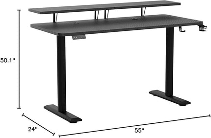 Electric Standing Desk with Monitor Shelf, 55 x 24 Inches Height Adjustable Corner Table, Computer Workstation with Cup Holder and Hook for Home Office, 55 x 24 Inch, Dark Black - LeafyLoom