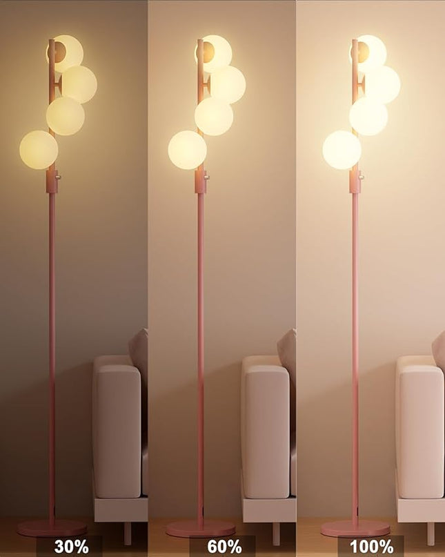 64IN Dimmable Pink Floor Lamp, Tall Standing Lamps with 4 Globe Soft Warm White Eye Care 3000K G9 Bulbs, Mid Century Modern Floor Lamp for Bedroom Office - LeafyLoom