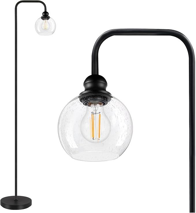 Modern Floor Lamp for Living Room with 6W LED Bulb, Industrial Floor Lamp, Seeded Glass, Black Classic Reading Tall Lamp for Home Office, Standing Lamps for Bedroom, Minimalist, Vintage, Farmhouse - LeafyLoom