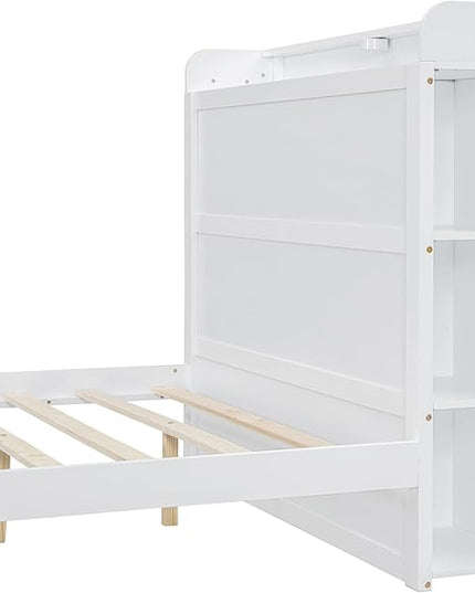 Merax Twin Size Platform Bed with Storage,Led Light and USB Ports,Kids Twin Bed Frame with Built-in Shelves and Cabinet,Kids Storage Bed Frames - LeafyLoom