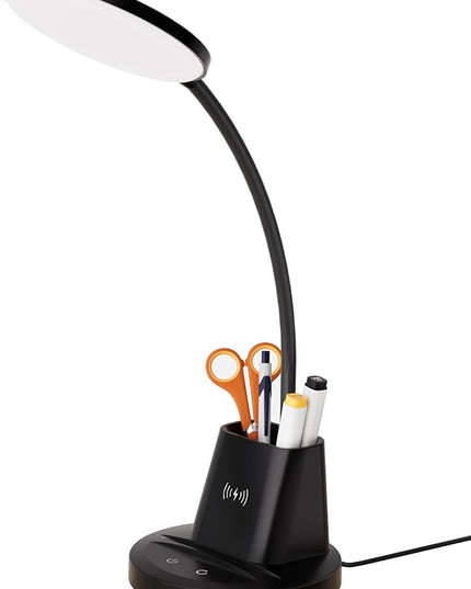 hansang LED Desk Lamp for Home Office with Wireless Charger, 3 Color Modes, Stepless Dimmable, Touch Control Black Study Lamp with Pen Holder for College Dorm Room, CRI 90, 800 Lumen, Adapter Included - LeafyLoom