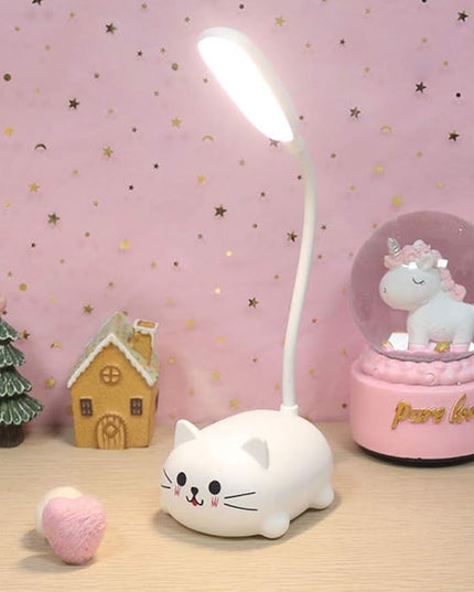 Kids Lamp, LED Desk Lamp for Kids, Cute Cat Lamp Kawaii Desk Accessories, Flexible Gooseneck Eye-Care Cartoons Small Desk Lamp Girls Gifts (White) - LeafyLoom