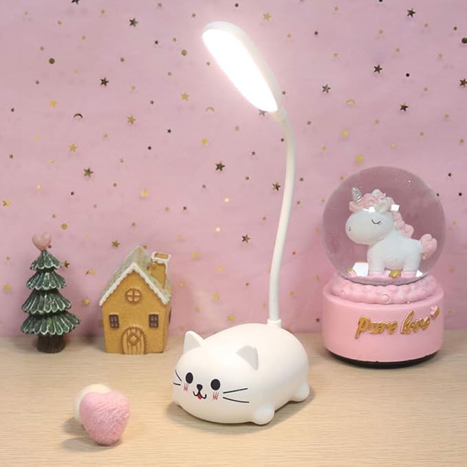 Kids Lamp, LED Desk Lamp for Kids, Cute Cat Lamp Kawaii Desk Accessories, Flexible Gooseneck Eye-Care Cartoons Small Desk Lamp Girls Gifts (White) - LeafyLoom
