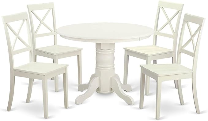 East West Furniture SHBO5-WHI-W 5 Piece Room Set Includes a Round Wooden Table with Pedestal and 4 Kitchen Dining Chairs, 42x42 Inch - LeafyLoom