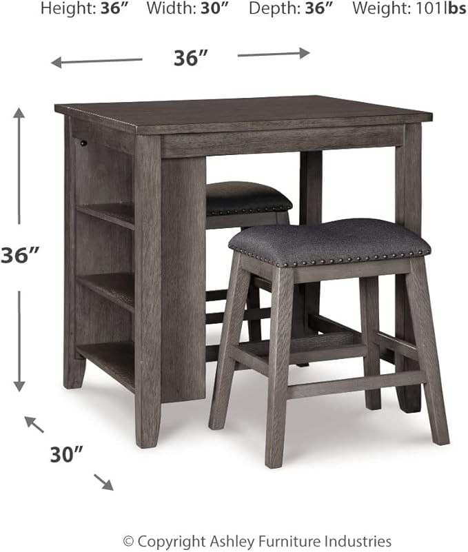 Signature Design by Ashley Caitbrook 25" Counter Height Dining Room Table Set with 2 Saddle Barstools & Storage, Gray - LeafyLoom