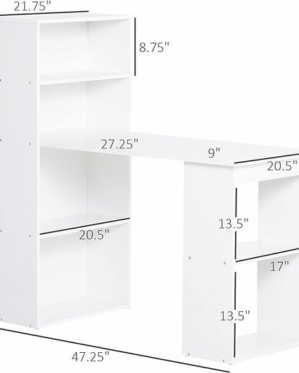 HOMCOM Modern Home Office Desk with 6-Tier Storage Shelves, 47" Writing Table with Bookshelf, White - LeafyLoom