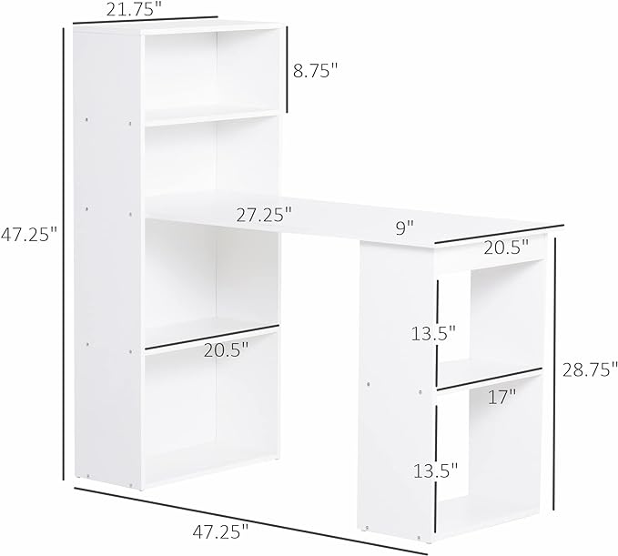 HOMCOM Modern Home Office Desk with 6-Tier Storage Shelves, 47" Writing Table with Bookshelf, White - LeafyLoom