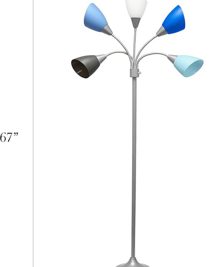 Simple Designs LF2006-SBG 67" Contemporary Multi Head Medusa 5 Light Adjustable Gooseneck Silver Floor Lamp with Blue, White, Gray Shades for Kids Bedroom Playroom Living Room Office - LeafyLoom