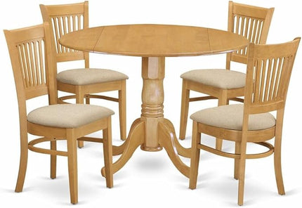 East West Furniture Dublin 5 Piece Kitchen Set includes a Round Dining Room Table with Dropleaf and 4 Linen Fabric Upholstered Chairs, 42x42 Inch, DLVA5-OAK-C - LeafyLoom