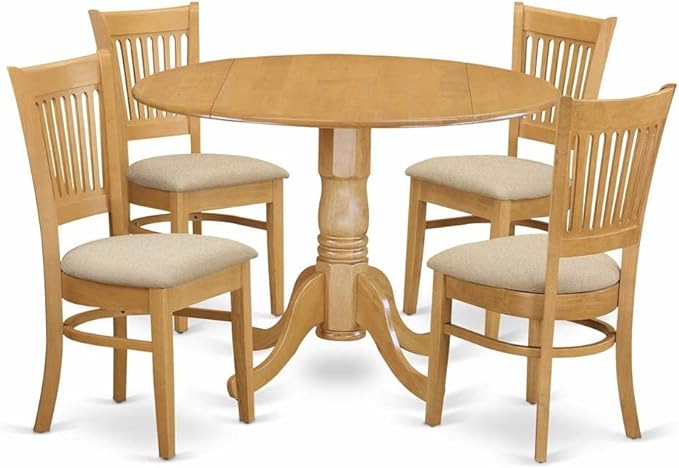 East West Furniture Dublin 5 Piece Kitchen Set includes a Round Dining Room Table with Dropleaf and 4 Linen Fabric Upholstered Chairs, 42x42 Inch, DLVA5-OAK-C - LeafyLoom