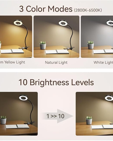 LED Desk Lamp Clip on Light with 3 Color Modes 10 Brightness Ring/Clamp Light 360° Flexible Gooseneck Dimmable Eye Protection Desk Light Desk Lamps for Home Office with Video Tutorials - LeafyLoom