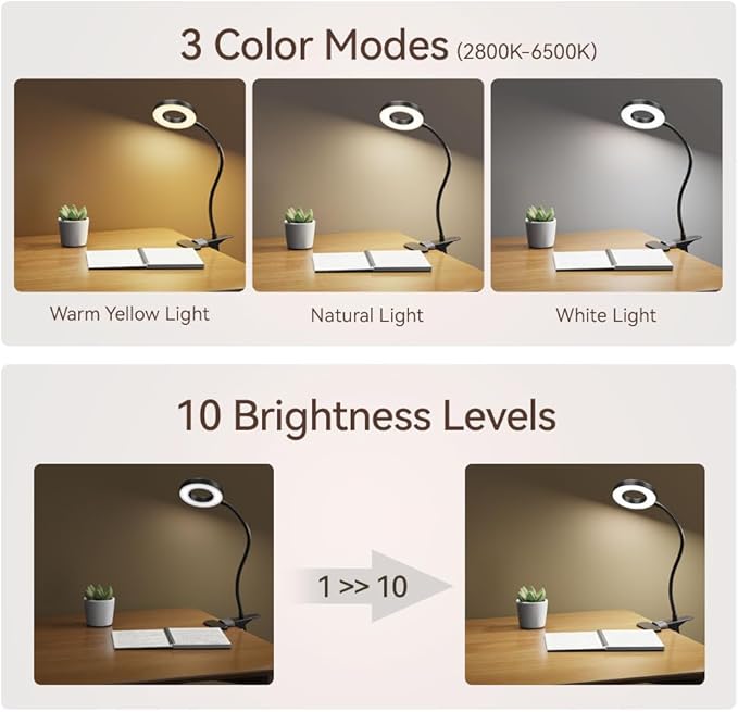 LED Desk Lamp Clip on Light with 3 Color Modes 10 Brightness Ring/Clamp Light 360° Flexible Gooseneck Dimmable Eye Protection Desk Light Desk Lamps for Home Office with Video Tutorials - LeafyLoom