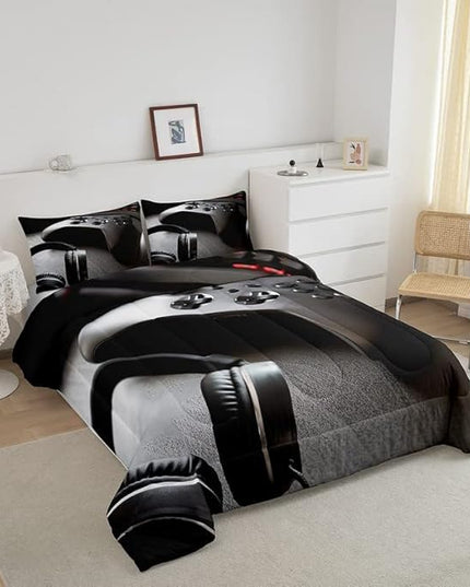 Feelyou Gamepad Bedding Set Boys Game Controller Comforter for Kids Girls Teens Modern Gamer Headset Comforter Set Youth Gaming Console Video Game Decor Duvet Set with 2 Pillow Case Queen Size Black - LeafyLoom