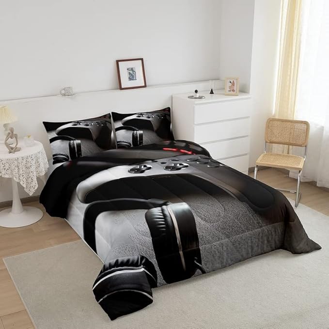 Feelyou Gaming Bedding Set Boys Game Controller Comforter for Kids Girls Teens Modern Gamer Headset Comforter Set Youth Gaming Console Video Game Decor Duvet Set with 2 Pillow Case King Size Black - LeafyLoom