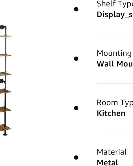 6-Tier Industrial Pipe Shelves Shelf Shelving Rustic Wood Metal Wrought Iron Ladder Bookcase Bookshelf Wall Mounted Mount DIY Loft Vintage Floating Hanging Storage Display (23.6x9.8x78.7”) - LeafyLoom