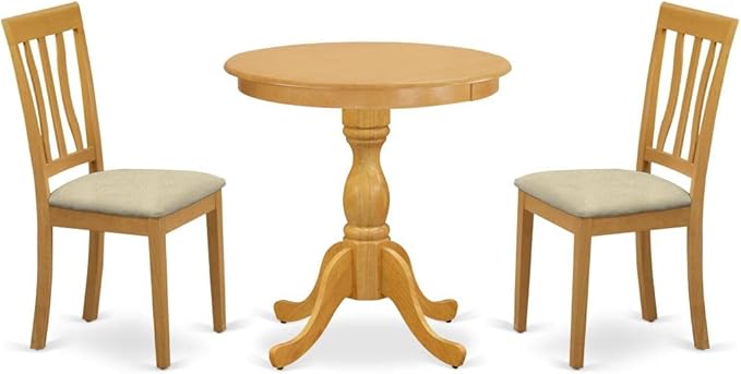 East West Furniture Eden 3 Piece Kitchen Set Contains a Round Dining Room Table with Pedestal and 2 Linen Fabric Upholstered Chairs, 30x30 Inch, ESAN3-OAK-C - LeafyLoom