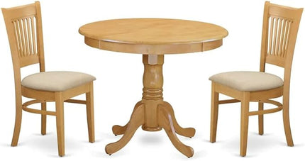 East West Furniture ANVA3-OAK-C 3 Piece Kitchen Table Set for Small Spaces Contains a Round Dining Room Table with Pedestal and 2 Linen Fabric Upholstered Chairs, 36x36 Inch, Oak - LeafyLoom