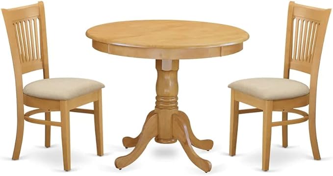 East West Furniture ANVA3-OAK-C 3 Piece Kitchen Table Set for Small Spaces Contains a Round Dining Room Table with Pedestal and 2 Linen Fabric Upholstered Chairs, 36x36 Inch, Oak - LeafyLoom