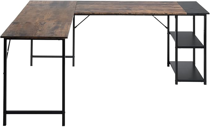 FurnitureR L-Shaped 58.3''Corner Computer Desk with Storage Shelf Long Gaming Desk for Home Office PC Workstation Saving Space Laptop Table (Brown and Black) - LeafyLoom