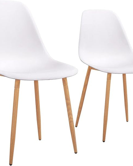 CangLong Plastic White Dining Chairs 2 Sets with Wooden Grain Metal Legs for Dining&Living Room - LeafyLoom