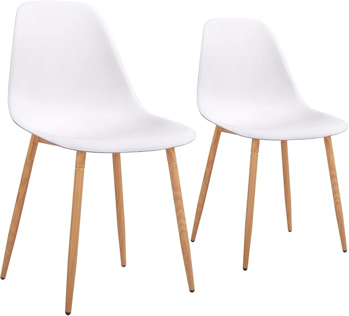 CangLong Plastic White Dining Chairs 2 Sets with Wooden Grain Metal Legs for Dining&Living Room - LeafyLoom