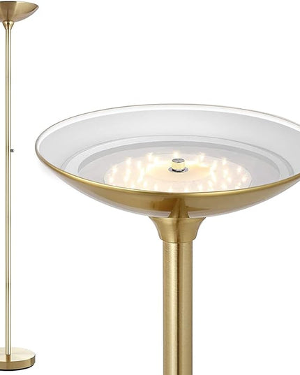 BoostArea Torchiere Floor Lamp Gold, 24W Super Bright LED Standing Lamp, 3000K Stepless Dimmable Pole Lamp with Rotary Switch, 70 Inch Tall Metal Modern Floor Lamps for Living Room/Bedroom/Office/Den - LeafyLoom