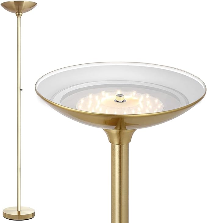 BoostArea Torchiere Floor Lamp Gold, 24W Super Bright LED Standing Lamp, 3000K Stepless Dimmable Pole Lamp with Rotary Switch, 70 Inch Tall Metal Modern Floor Lamps for Living Room/Bedroom/Office/Den - LeafyLoom