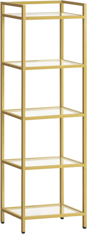 HOOBRO 5-Tier Gold Bookcase, Tempered Glass Bookshelves, Slim Shelving Unit for Living Room, Narrow Bookshelf for Small Spaces, Storage Rack Display Shelf for Home Office, Gold GD45SJ01 - LeafyLoom