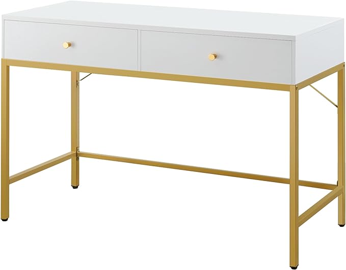SUPERJARE Vanity Desk with Drawers, 47 inch Computer Desk, Modern Simple Home Office Desks, Makeup Dressing Table for Bedroom - White and Gold - LeafyLoom