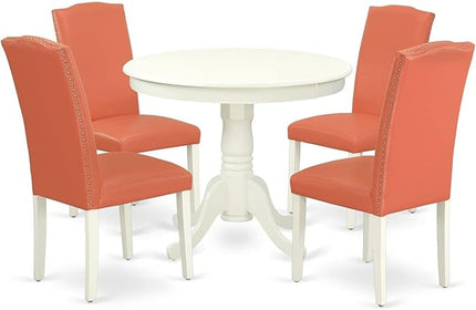 East West Furniture ANEN5-LWH-78 Antique 5 Piece Modern Set Includes a Round Kitchen Table with Pedestal and 4 Pink Flamingo Faux Leather Parson Dining Chairs, 36x36 Inch - LeafyLoom