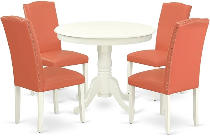 East West Furniture ANEN5-LWH-78 Antique 5 Piece Modern Set Includes a Round Kitchen Table with Pedestal and 4 Pink Flamingo Faux Leather Parson Dining Chairs, 36x36 Inch - LeafyLoom