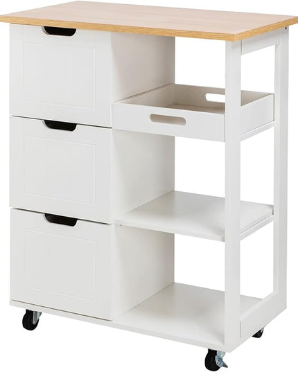 Shintenchi Kitchen Island Cart with Storage,Rolling Kitchen Island Storage Cabinet,Side Table on Wheels with Worktop,3 Open Shelves and 3 Drawers for Kitchen,Dinning Room, White - LeafyLoom