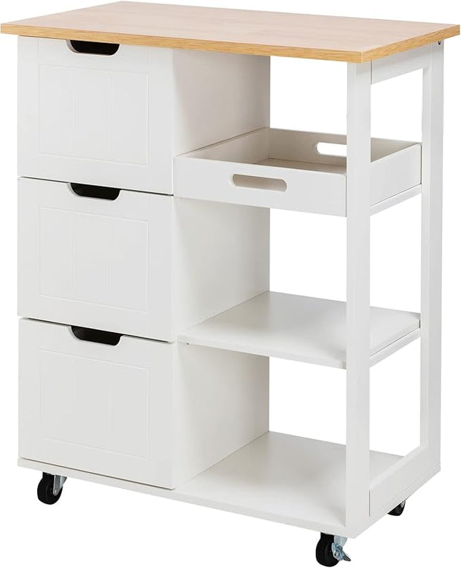 Shintenchi Kitchen Island Cart with Storage,Rolling Kitchen Island Storage Cabinet,Side Table on Wheels with Worktop,3 Open Shelves and 3 Drawers for Kitchen,Dinning Room, White - LeafyLoom