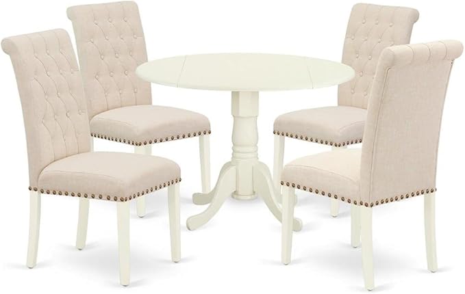 East West Furniture DLBR5-WHI-02 Dublin 5 Piece Dining Set for 4 Includes a Round Kitchen Table with Dropleaf and 4 Light Beige Fabric Upholstered Chairs, 42x42 Inch, Linen White - LeafyLoom