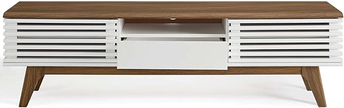 Modway Render Mid-Century Modern Low Profile 59 Inch TV Stand in Walnut/White - LeafyLoom