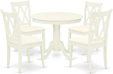East West Furniture ANCL5-LWH-C Antique 5 Piece Room Set Includes a Round Wooden Table with Pedestal and 4 Linen Fabric Kitchen Dining Chairs, 36x36 Inch - LeafyLoom