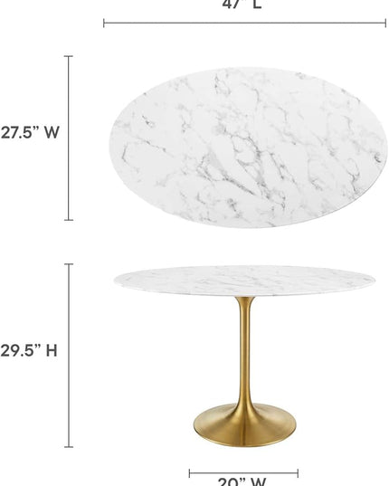 Modway Lippa 48" Oval-Shaped Mid-Century Modern Dining Table with Artificial Marble Top and Gold Base - LeafyLoom