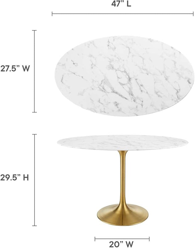Modway Lippa 48" Oval-Shaped Mid-Century Modern Dining Table with Artificial Marble Top and Gold Base - LeafyLoom
