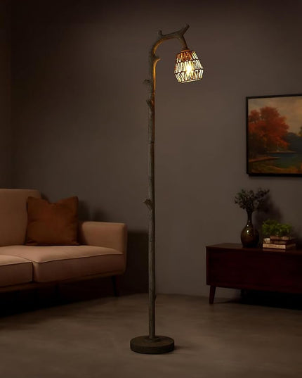 OYEARS Retro Farmhouse Rattan Floor Lamp for Living Room Rustic Standing Lamps Tree Trunk Deco Modern Country Vintage Wood Grain 64.25" Tall Corner Floor Lamp Bedroom Office - LeafyLoom